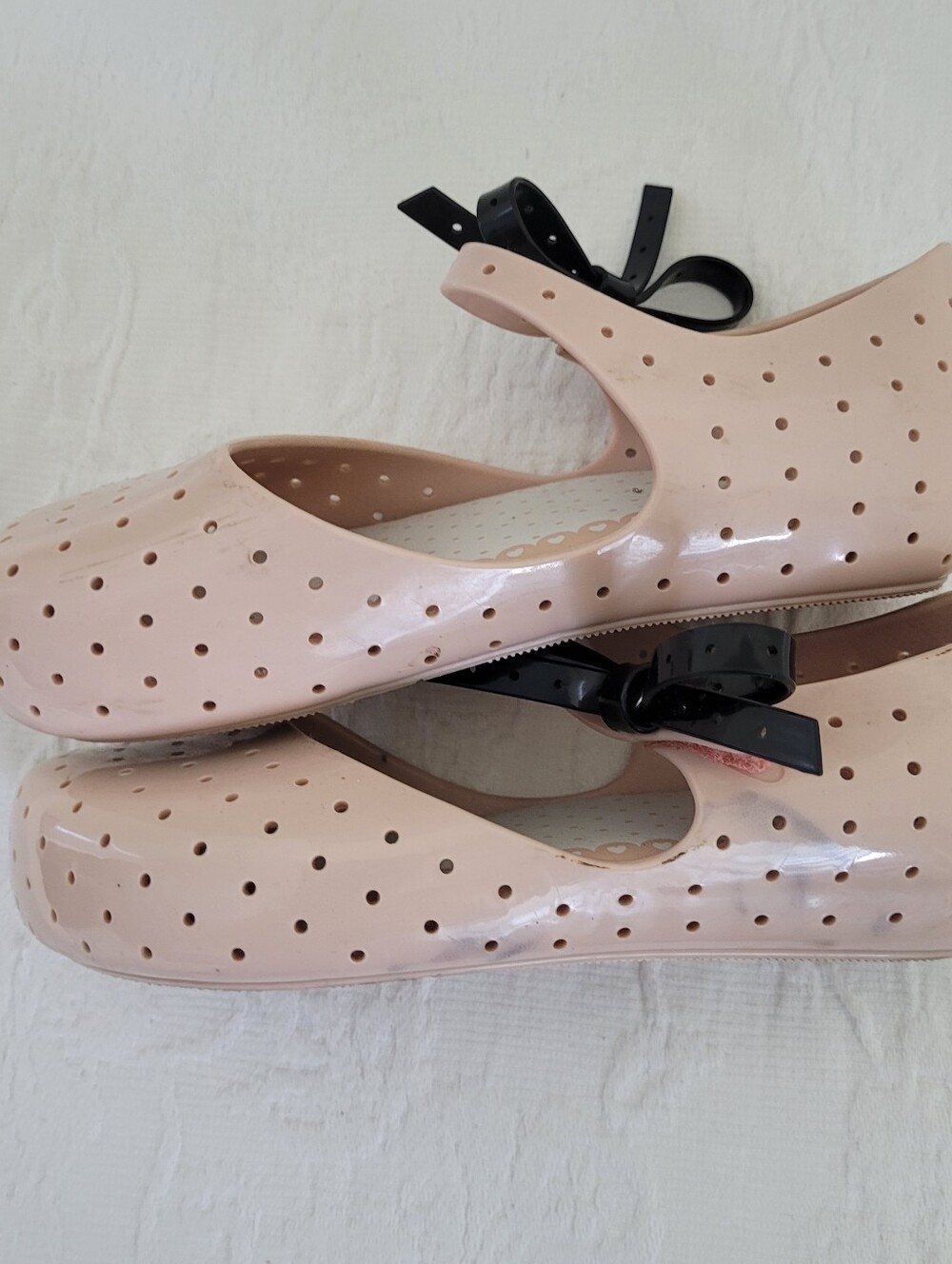 Mini Melissa Blush Pink Perforated Mary Jane Flats with Black Bow Size 12